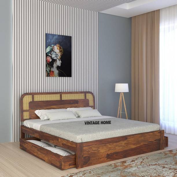 Vintage Home Sunburst Ratan Sheesham ( Rosewood ) Jodhpur Furniture Solid Wood King Drawer Bed
