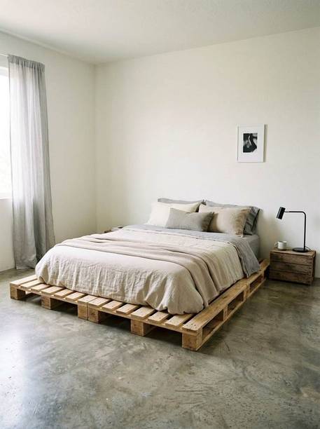 Wakeflow Nordic Solid Pine Wood Pallet Bed Minimalist Platform Floor Frame Natural Finish Solid Wood Double Bed, 122 cm x 92 cm (4.0 ft x 3.02 ft)