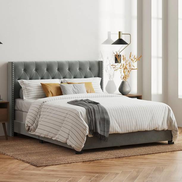 Taskwood Furniture Fabric Queen Size Bed With Diamond Line Headboard Without Storage For Bedroom. Engineered Wood Queen Bed