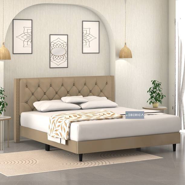 FEBERICA Engineered Wood Fabric Queen Size Bed with Upholstered Headboard for Bedroom | Engineered Wood Queen Bed
