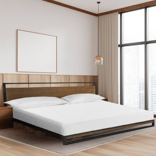 Jeometri Delhi Metal & Wood Bed With Headboard | 3 Year Warranty | Solid Wood and Steel Metal Queen Bed