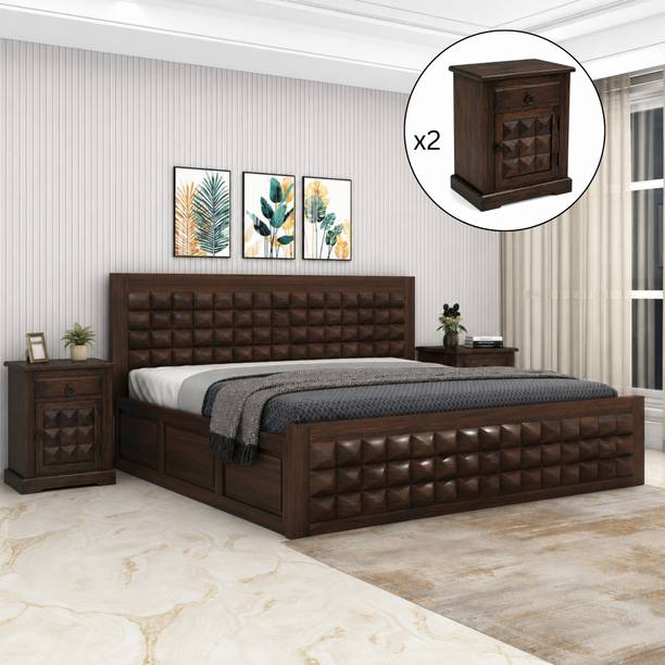 SONA ART & CRAFTS Diamond Sheesham Wood King Size Bed with Storage Box + 2 Bedside Solid Wood King Box Bed, 208 cm x 187.96 cm (6.82 ft x 6.17 ft)