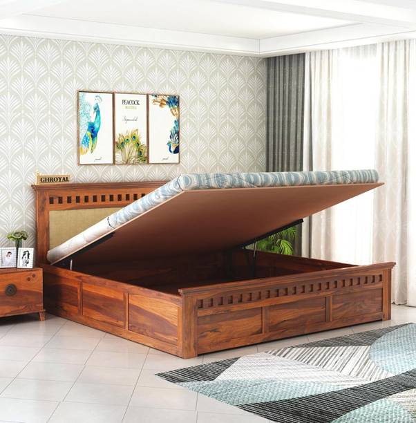GOYALINTERIOR Sheesham Wood King Bed/Wooden Bed/Palaung With Hydraulic Storage For Home Solid Wood King Hydraulic Bed