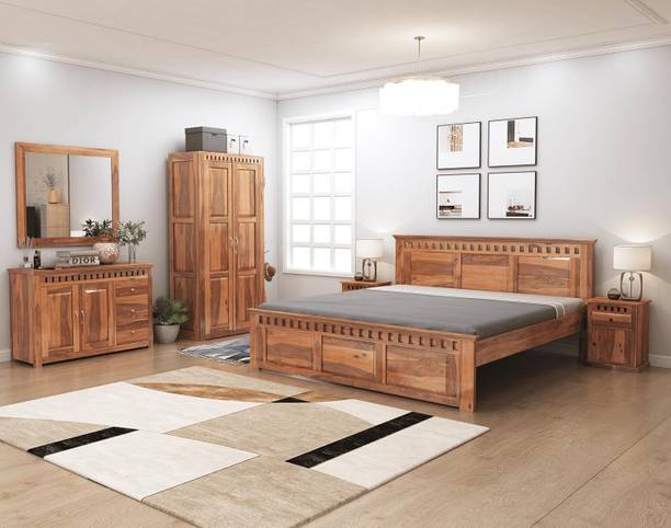 SONA ART & CRAFTS Kuber Without Storage Queen Bed, Drawer Chest, Cabinet, Mirror & Bedside Tables Solid Wood Queen Bed, 208.28 cm x 160.02 cm (6.83 ft x 5.25 ft)