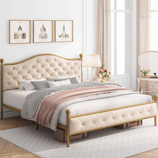 Klofiy Klofiy modern upholstered metal queen bed (cream) Metal Queen Bed, 205 cm x 160 cm (6.73 ft x 5.25 ft)