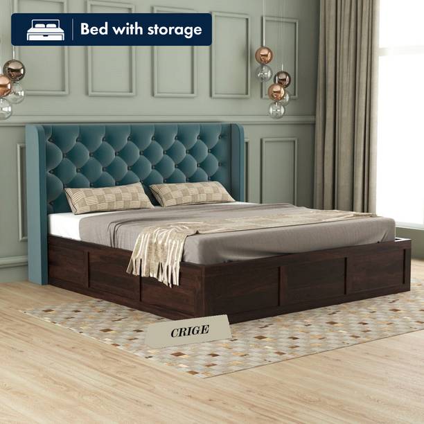 CRIGE Solid Wood King Size Bed With Fabric Headboard And Box Storage For Bedroom Solid Wood King Box Bed, 205 cm x 190 cm (6.73 ft x 6.23 ft)