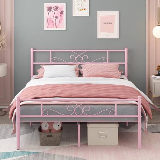 KTG Handicraft Bed Frame with Headboard Heavy Duty Steel Slats Support Girls Full Bed Frame. Metal King Bed, 197 cm x 141 cm (6.46 ft x 4.63 ft)