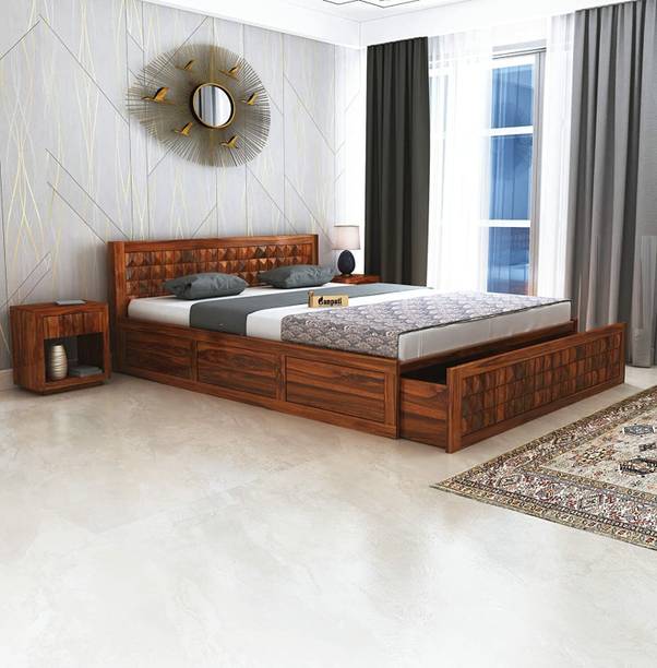 Ganpati Arts Sheesham Wood Queen SizeBed with Half Box And Front Trolly Storage for Bedroom Solid Wood Queen Box Bed