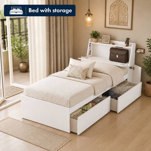 Studio Kook Tribe Right with Headboard storage Engineered Wood Single Drawer Bed, 225 cm x 98.4 cm (7.38 ft x 3.23 ft)
