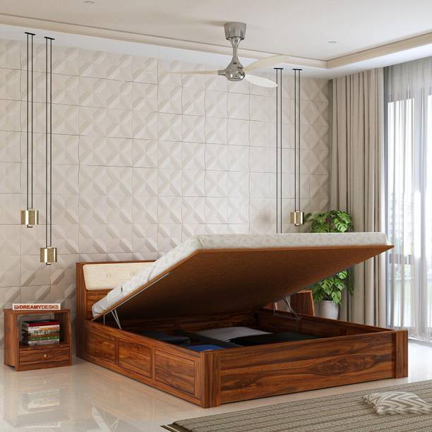 Dreamydesks Solid Sheesham Wood King Size Bed with Headboard & Hydraulic Storage Solid Wood King Hydraulic Bed