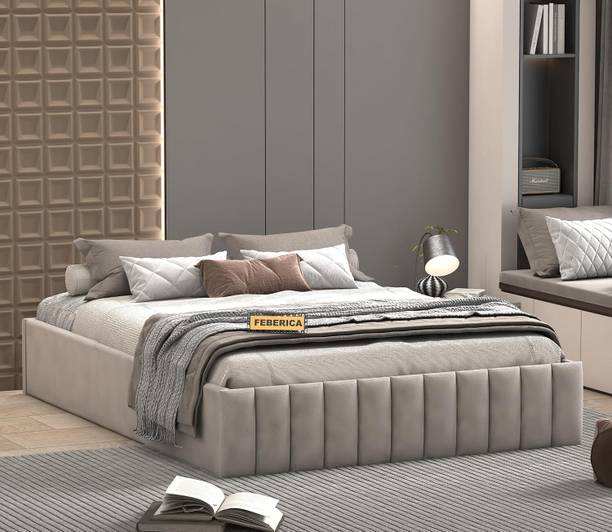 FEBERICA Queen Size Upholstered Bed Platform Modern Fabric Frame with Low Profile Design Engineered Wood Queen Box Bed, 205.74 cm x 152.4 cm (6.75 ft x 5.0 ft)