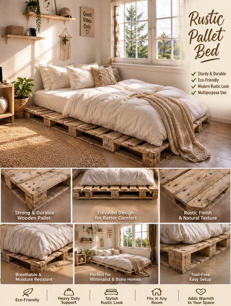 Knowk knock Beautiful Nordic 4×6 ft Pine Wood Pallet Bed Rustic Modern Wooden Furniture Solid Wood Double Bed, 183 cm x 122 cm (6.0 ft x 4.0 ft)
