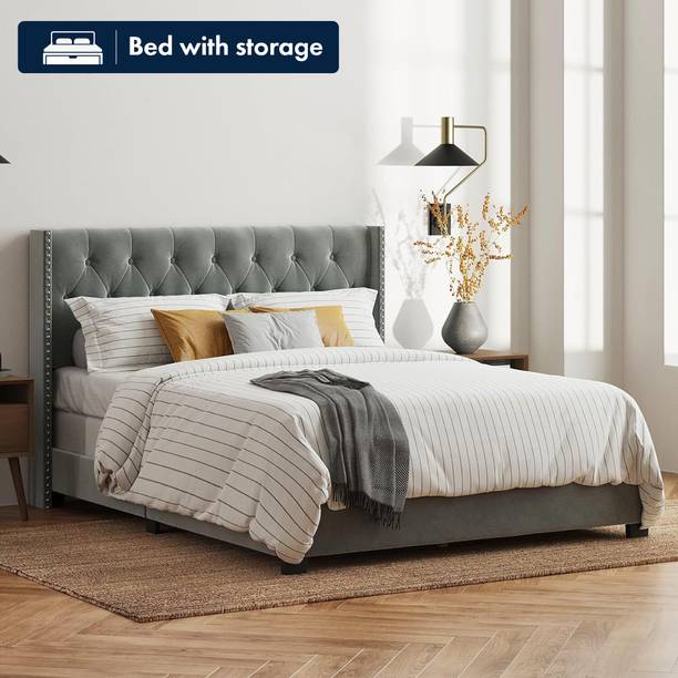 Taskwood Furniture Fabric Queen Size Bed With Diamond Line Headboard Without Storage For Bedroom. Engineered Wood Queen Bed, 205.74 cm x 160.02 cm (6.75 ft x 5.25 ft)