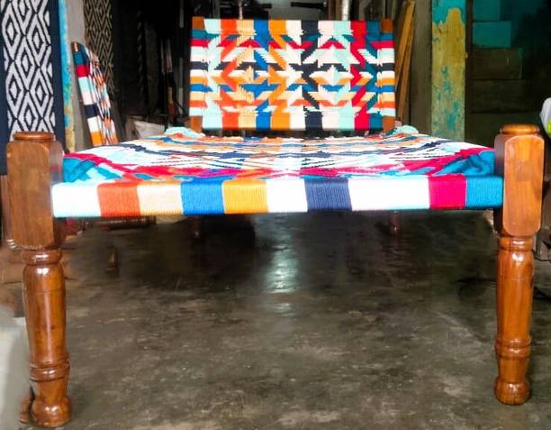 YahiTohChahiye Eppotum Khaat with BackRest Peedhi Bunayi 6x3 Ft x 21 Inch Silk Rope Multicolor Solid Wood Single Bed