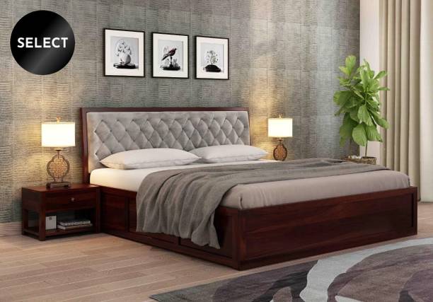 Taskwood Furniture Solid Sheesham Wood King Size Bed With Fabric Headboard For Bed Room, Hotel. Solid Wood King Box Bed