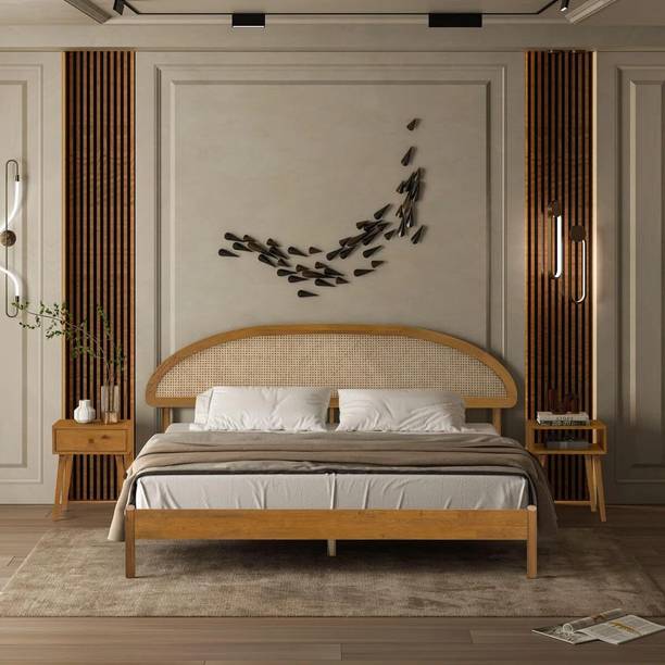 ISHIKAFURNITURE Restwell Rattan Cane Webbing Headboard Solid Wood King Bed, 208 cm x 190 cm (6.82 ft x 6.23 ft)