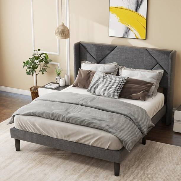 HDWOOD Engineered Wood King Size Fabric Bed With Linen Designed Headboard For Bedroom | Engineered Wood King Bed