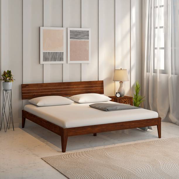 Wakeup India Pully Low Sheesham Wood Bed | Light Rosewood Bed without Storage | 78x72 Inch Solid Wood King Bed