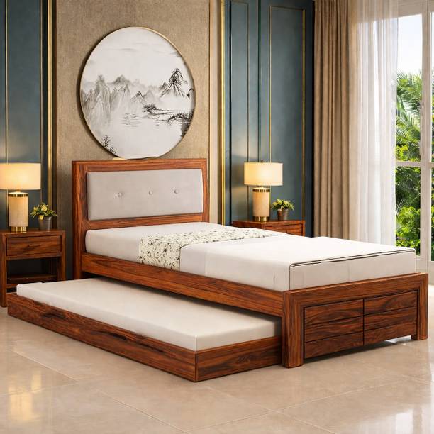 Ganpati Arts Sheesham Wood Euro Wooden Single Cot For Home/Single Trundle Bed With Storage Solid Wood Single Drawer Bed, 210.82 cm x 106.68 cm (6.92 ft x 3.5 ft)
