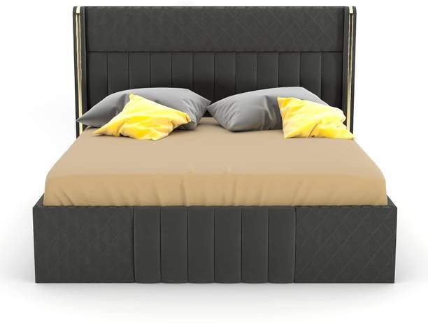 DMK Wooden Modern UpholsteredWooden Double Bed with Box Storage Solid Wood King Box Bed