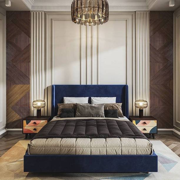 FEBERICA Fabric Queen Size Bed with Upholstered High Headboard for Bedroom/ Hotel | Engineered Wood Queen Bed