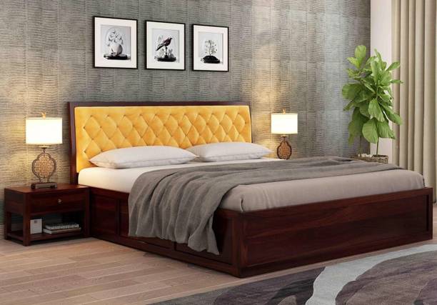 DITHA Furniture Solid Sheesham Wood King Size Bed With Fabric Headboard For Bedroom. Solid Wood King Box Bed