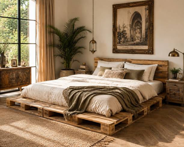 Knowk knock Beautiful Nordic 4×6 ft Pine Wood Pallet Bed Rustic Modern Wooden Furniture Solid Wood Double Bed, 183 cm x 122 cm (6.0 ft x 4.0 ft)