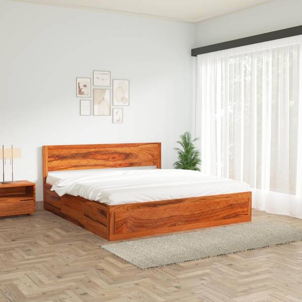 Wakeup India Lofted Sheesham Wood Bed | Maharani Color Finish Bed with Storage | 78x72 Inch Solid Wood King Hydraulic Bed