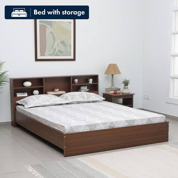 Mintwud from Pepperfry Seto King Size Bed in Planked Walnut Finish with Headboard Storage Engineered Wood King Bed, 216 cm x 191 cm (7.09 ft x 6.27 ft)