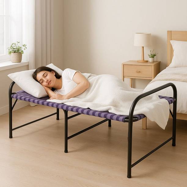SAQLAINI Heavy Duty Metal Folding Bed | Strong Steel Frame Single Cot with Durable Nylon Metal Single Bed