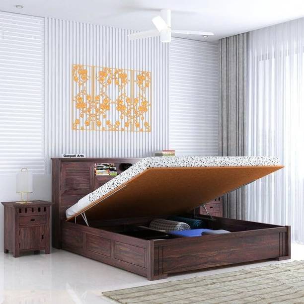 Ganpati Arts Sheesham Wood Maharaja Groove Bed/Cot/Palaung With Hydraulic Storage For Home Solid Wood King Hydraulic Bed, 218 cm x 187 cm (7.15 ft x 6.14 ft)