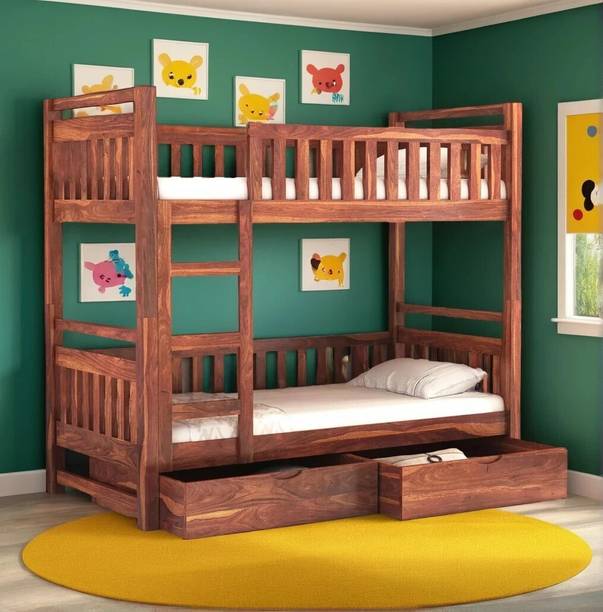 DITHA Solid Sheesham Wood Swift Bunk Bed With Drawer Storage For Kids Room. Solid Wood Single Drawer Bed
