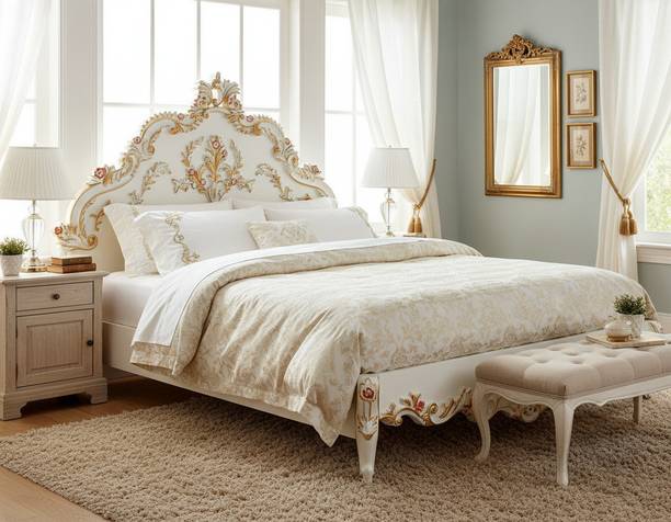 ARVISH ENTERPRISES Wooden King Size Bed Teak Wood with Luxury Carving Work Solid Wood King Bed