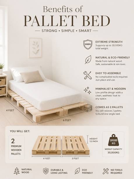 The lkea Double Pallet Bed 4 Inch Low Profile Wooden Platform Heavy Duty Construction Engineered Wood Double Bed, 91 cm x 91 cm (2.99 ft x 2.99 ft)