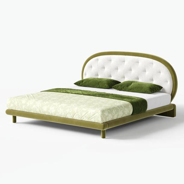NG Decor White & Green Velvet Boucle Platform King Bed Frame Engineered Wood King NA Bed