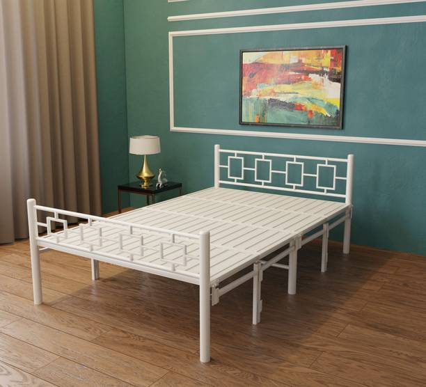 FOLFURA Black Metal Foldable Queen Sized Bed Frame with Geometric Headboards 188x121cms Metal Single Bed, 188 cm x 121 cm (6.17 ft x 3.97 ft)