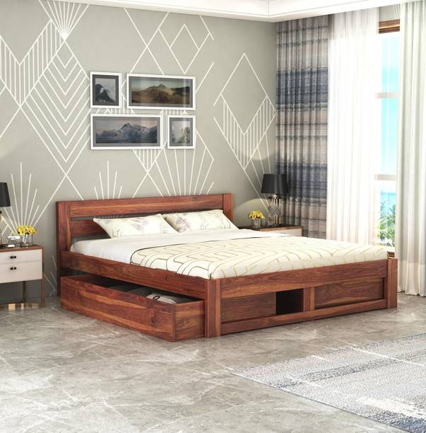 BHWOOD Sheesham Wood Queen Size Bed Solid Wood Queen Drawer Bed, 210 cm x 158 cm (6.89 ft x 5.18 ft)