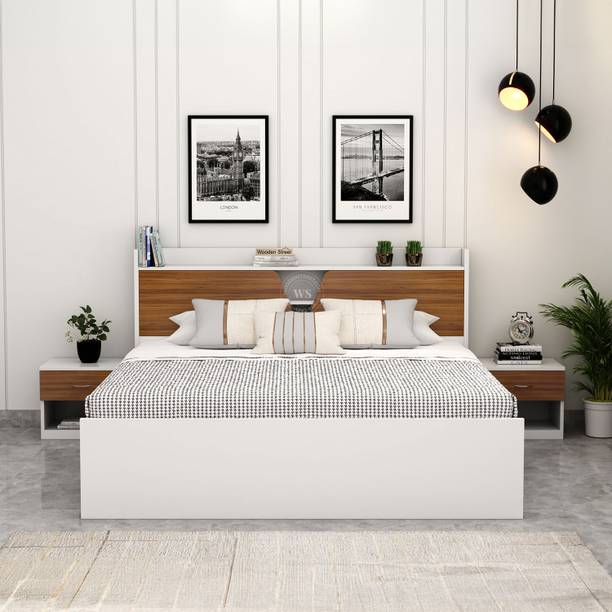 Wooden Street Evaline Hydraulic Bed With Box Storage (King Size, Exotic TeakFrostyWhiteFinish) Engineered Wood King Box Bed, 208.2 cm x 187.9 cm (6.83 ft x 6.16 ft)