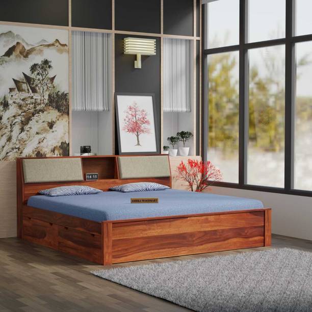 AMBICA WOODMART Solid Sheesham Wood Queen Size Bed with Storage Drawers & Cushioned Headboard, Solid Wood Queen Drawer Bed, 218 cm x 157 cm (7.15 ft x 5.15 ft)