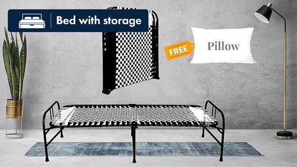 MEEZO New Portable Single Folding Bed/Synthetic Niwar ( Black and White with Pillow) Metal Single Box Bed, 40 cm x 60 cm (1.31 ft x 1.97 ft)