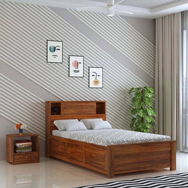 Ganpati Arts Sheesham Wood Maharaja Groove Wooden Single Cot/Single Bed With Box Storage Solid Wood Single Box Bed, 222 cm x 128 cm (7.28 ft x 4.2 ft)