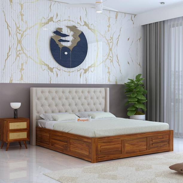 Ganpati Arts Wooden Swiss Upholstered Queen Bed/Upholstered Solid Wood Bed With Box Storage Solid Wood Queen Box Bed