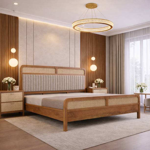 KraftShilp SereneCraft Sheesham Wood & Cane Cot Solid Wood King Bed, 191 cm x 206 cm (6.27 ft x 6.76 ft)