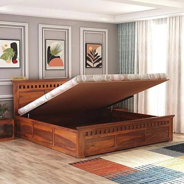 GOYALINTERIOR Sheesham Wood King Bed/Wooden Bed/Palaung With Hydraulic Storage For Home Solid Wood King Hydraulic Bed