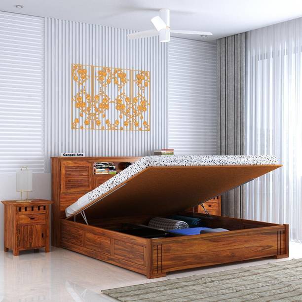 Ganpati Arts Sheesham Wood Maharaja Groove Bed/Cot/Palaung With Hydraulic Storage For Home Solid Wood King Hydraulic Bed, 218 cm x 187 cm (7.15 ft x 6.14 ft)