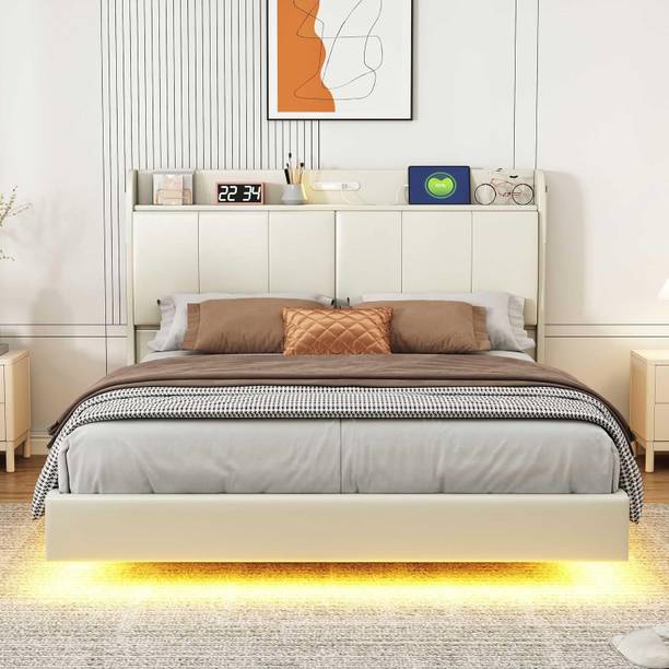 HighTable Queen Size Floating Bed Frame with Storage Solid Wood Double Box Bed
