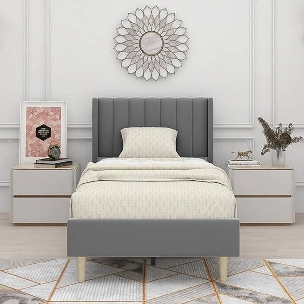 Klenta Home Decor Fabric Upholstered Single Bed With Headboard For Bedroom/ Hotel/ Kids Room || Solid Wood Single Bed