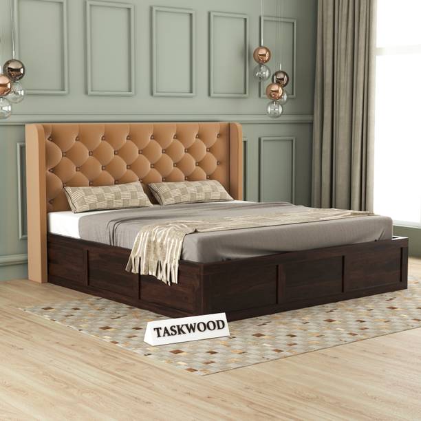 Taskwood Furniture Solid Wood Queen Size Bed With Fabric Headboard And Box Storage For Bedroom Solid Wood Queen Box Bed