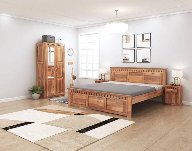 SONA ART & CRAFTS Kuber Without Storage Queen Bed, Wardrobe, & Bedside Tables Solid Wood Queen Bed, 208.28 cm x 160.02 cm (6.83 ft x 5.25 ft)