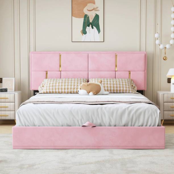 HighTable Modern Pink Platform Storage Bed with Tall Upholstered Headboard & LiftUp Frame Solid Wood Double Box Bed